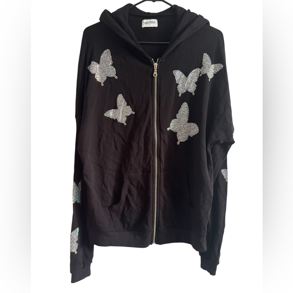 Lauren Moshi Koa Crystal Opal Butterfly Embellished Zip Black Hoodie Size Large - Picture 5 of 13